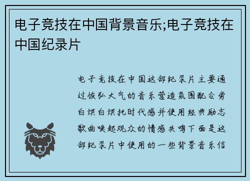 电子竞技在中国背景音乐;电子竞技在中国纪录片
